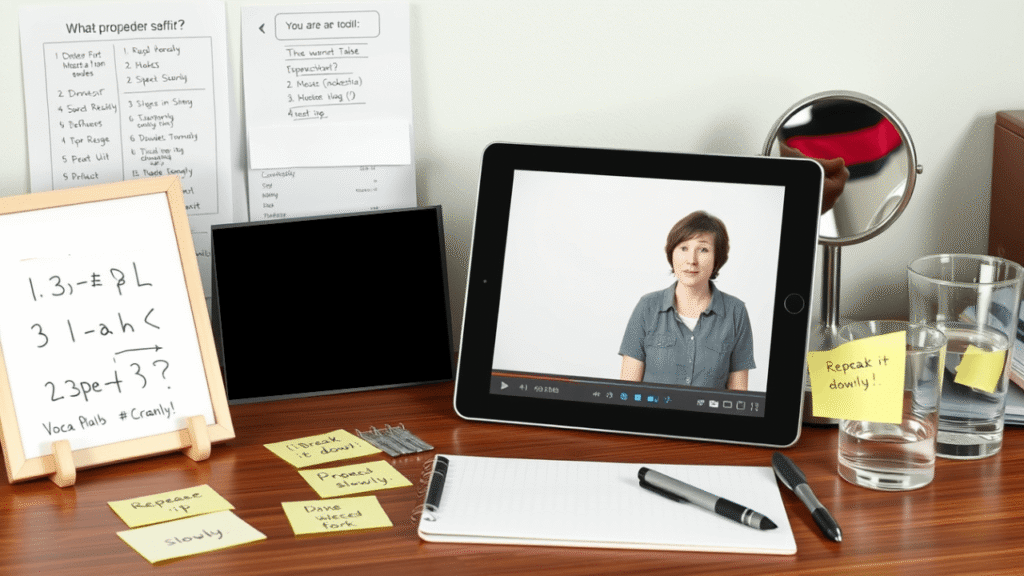 a desk cluttered with pronunciation guides, a small whiteboard showing letters. 