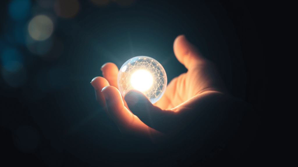 a hand holding orb of light in a symbolizing inner strength,with the quote self-control is strength. 