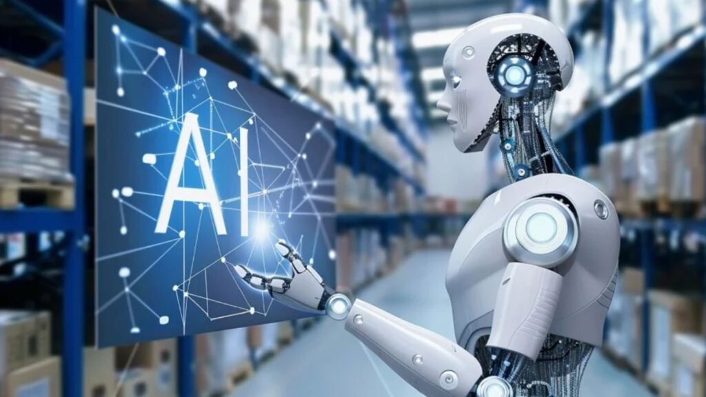ai-powered robot interacting with digital interface in a warehouse environment