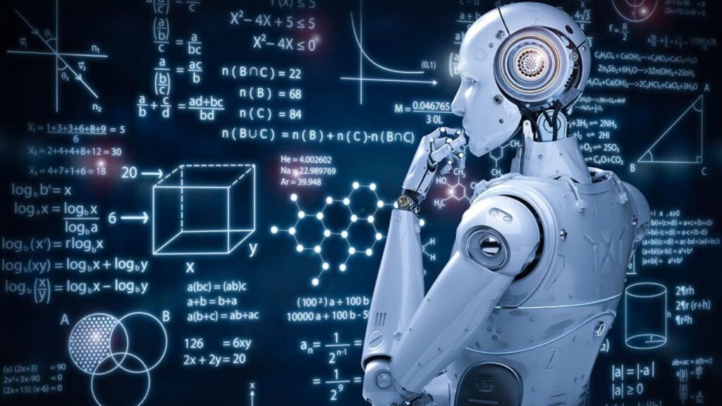 ai robot analyzing complex mathematical formulas and scientific diagrams on a digital screen