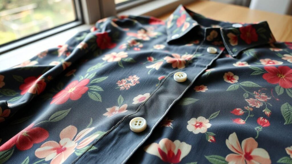 close-up of floral shirt fabric and buttons laid flat near a window, showing fine details and stitching