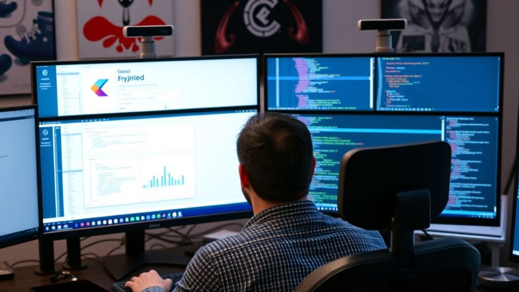 developer working at a multi-monitor setup displaying flutter and react native code and development tools in a modern workspace.