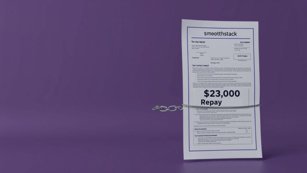 document labeled smoothstack lawsuit showing a $23,000 repayment demand, wrapped in chains, symbolizing financial entrapment.