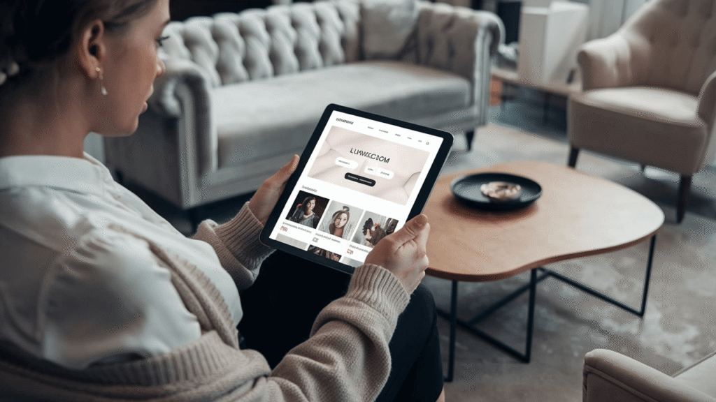 flat lay of luxury products and a smartphone showing luuxly app. 