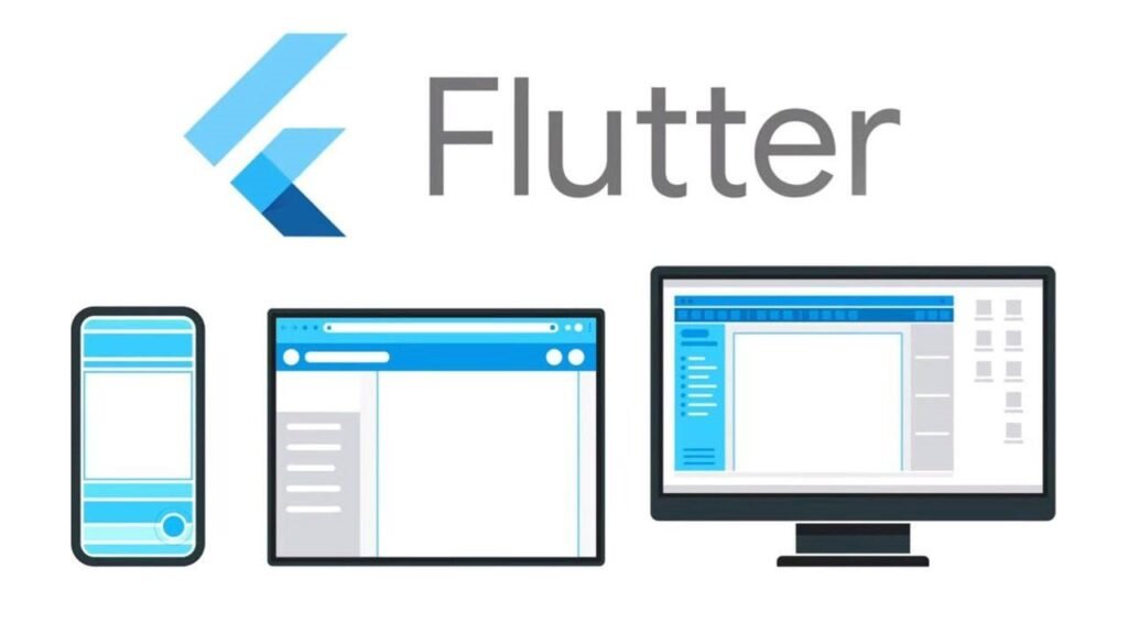 flutter logo with illustrations of mobile, web, and desktop user interfaces showing flutter’s cross-platform development capability.