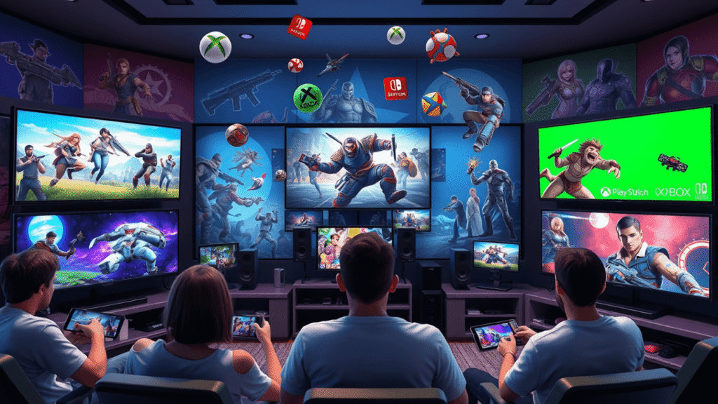 gaming setup with multiple screens showing rpg, fps, and strategy games, highlighting top categories