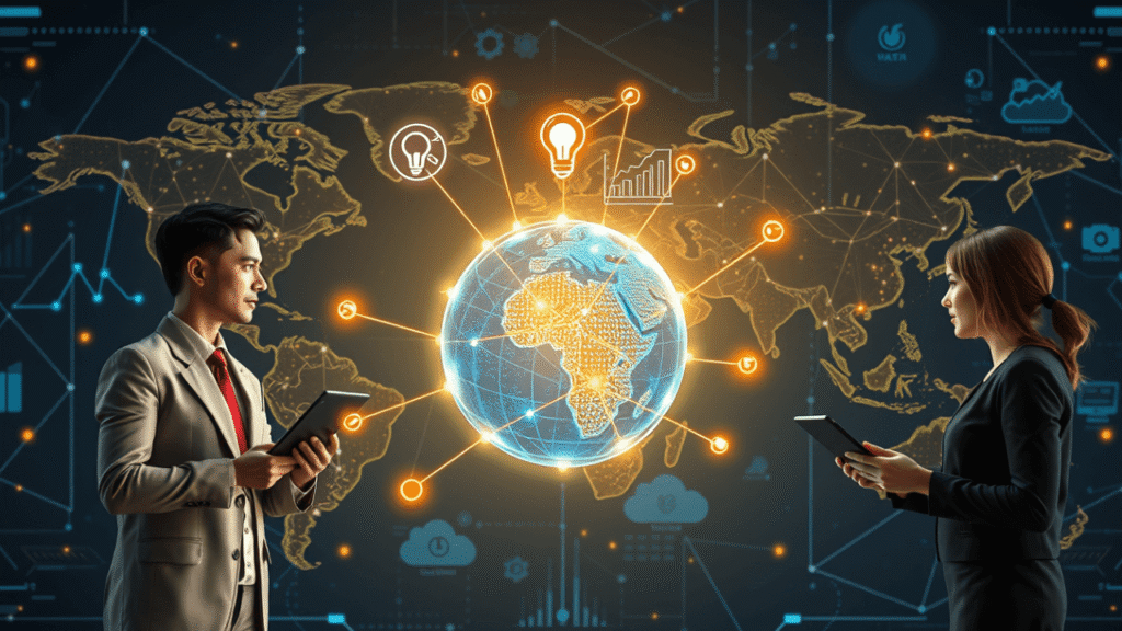 global digital network map showing diverse professionals collaborating through eworldexeternal.com