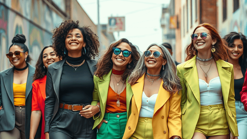 group of women walking together in a park, wearing bold and colorful outfits, smiling and enjoying the moment under soft natural sunlight.