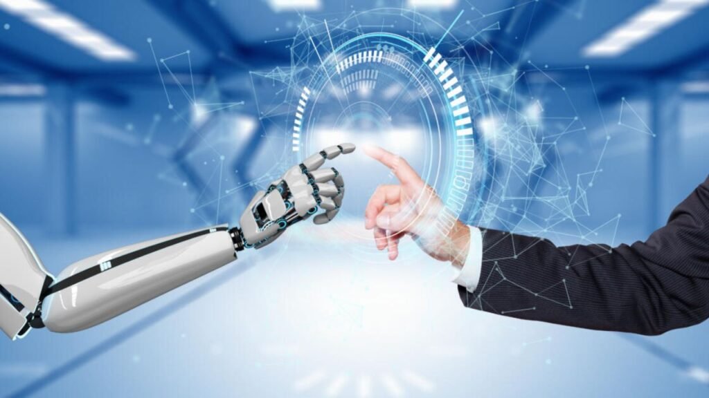 human and ai robot hands reaching out to connect through a digital interface