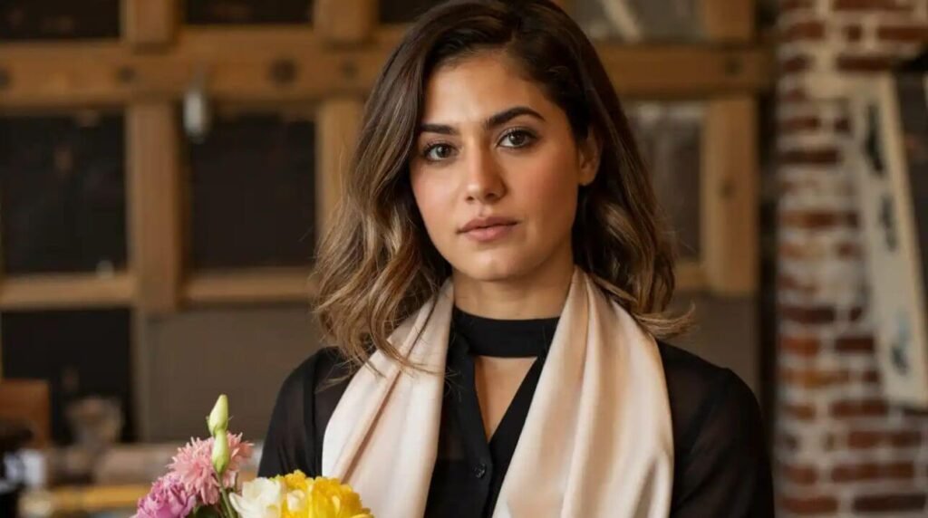malia manocherian with a calm expression holding flowers 