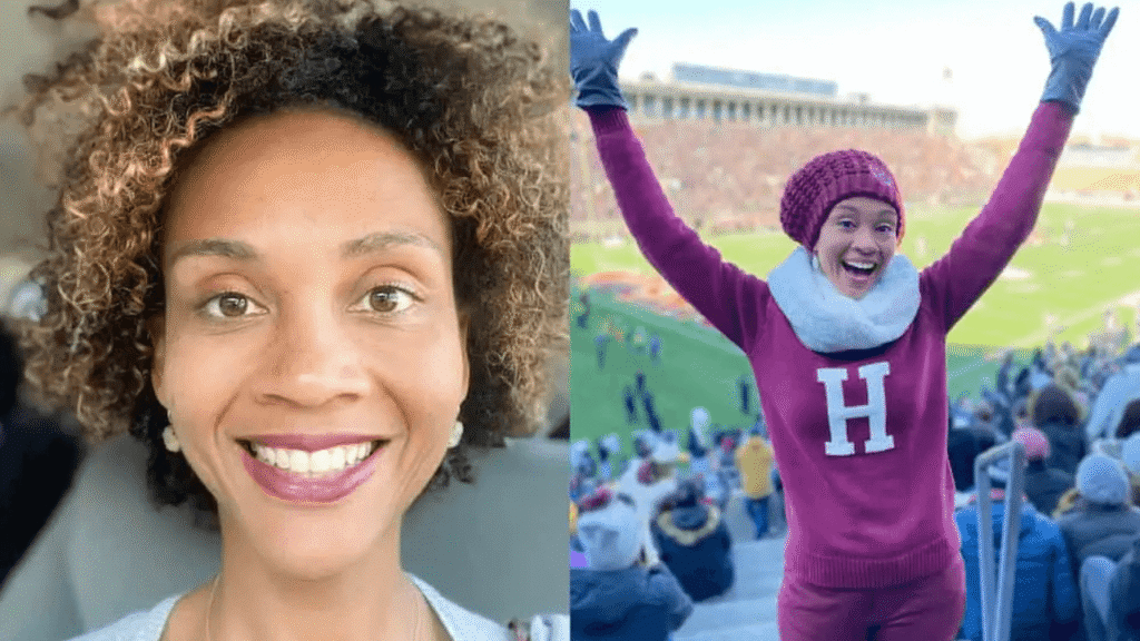 ouleye ndoye smiling in a close-up selfie on the left and celebrating at a harvard football 
