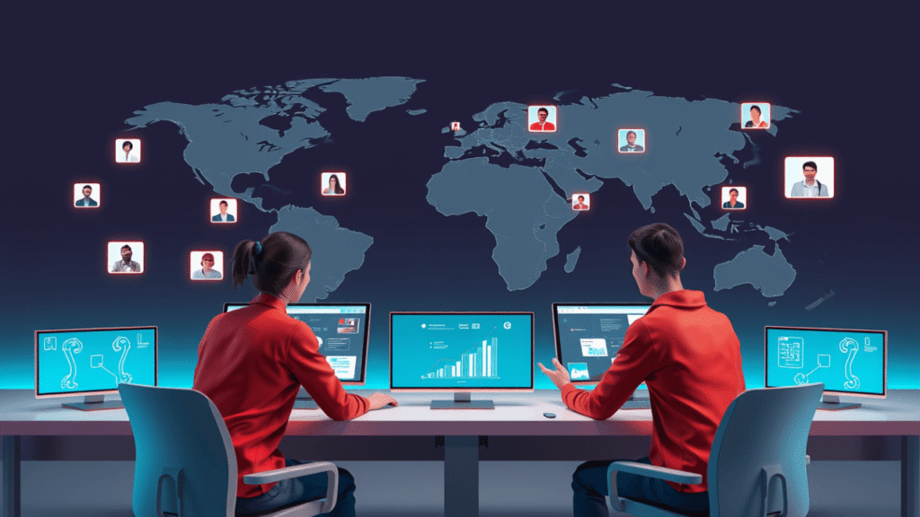 remote professionals working together with charts,cloud platforms in a high-tech environment symbolizing global growth.