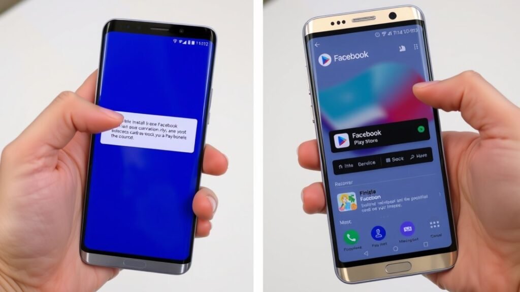 showing facebook crashing vs working after fix on samsung galaxy s9