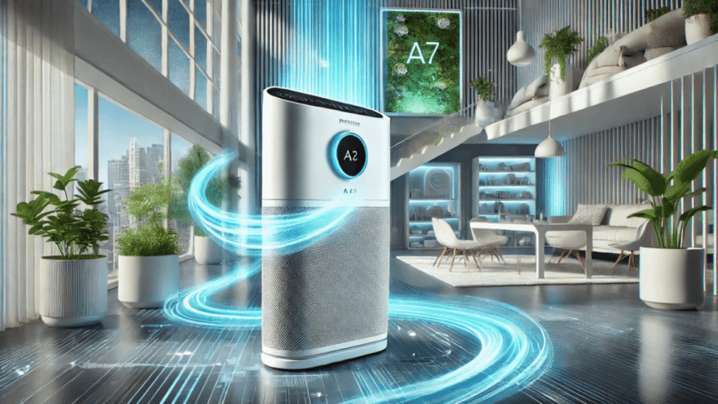sleek and modern illustration of the immediate a7 maxair air system in a futuristic home setting.