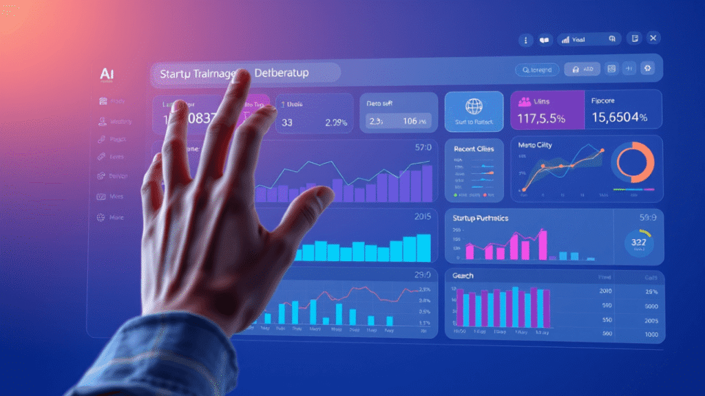 touchscreen dashboard showing ai analytics,and startup kpis with a user interacting digitally
