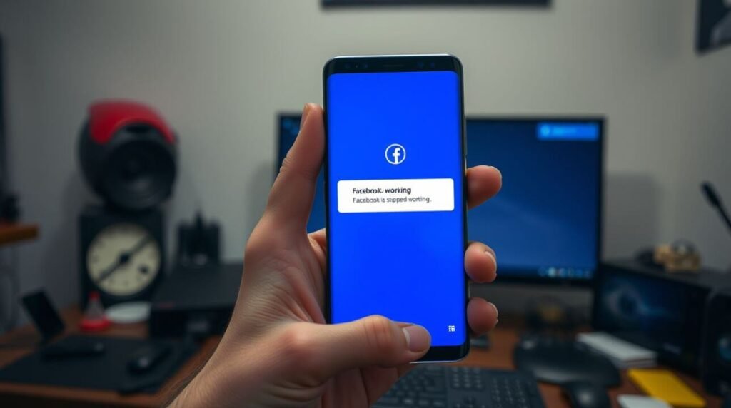user holding samsung s9 showing facebook crash error, expressing frustration in tech workspace