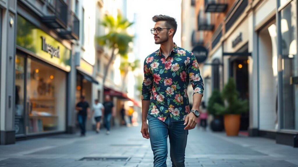young man walking through a green park wearing a light floral shirt, with sunlight filtering through the trees